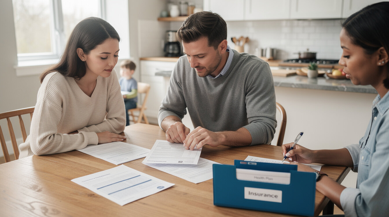 family reviewing insurance documents at kitchen table