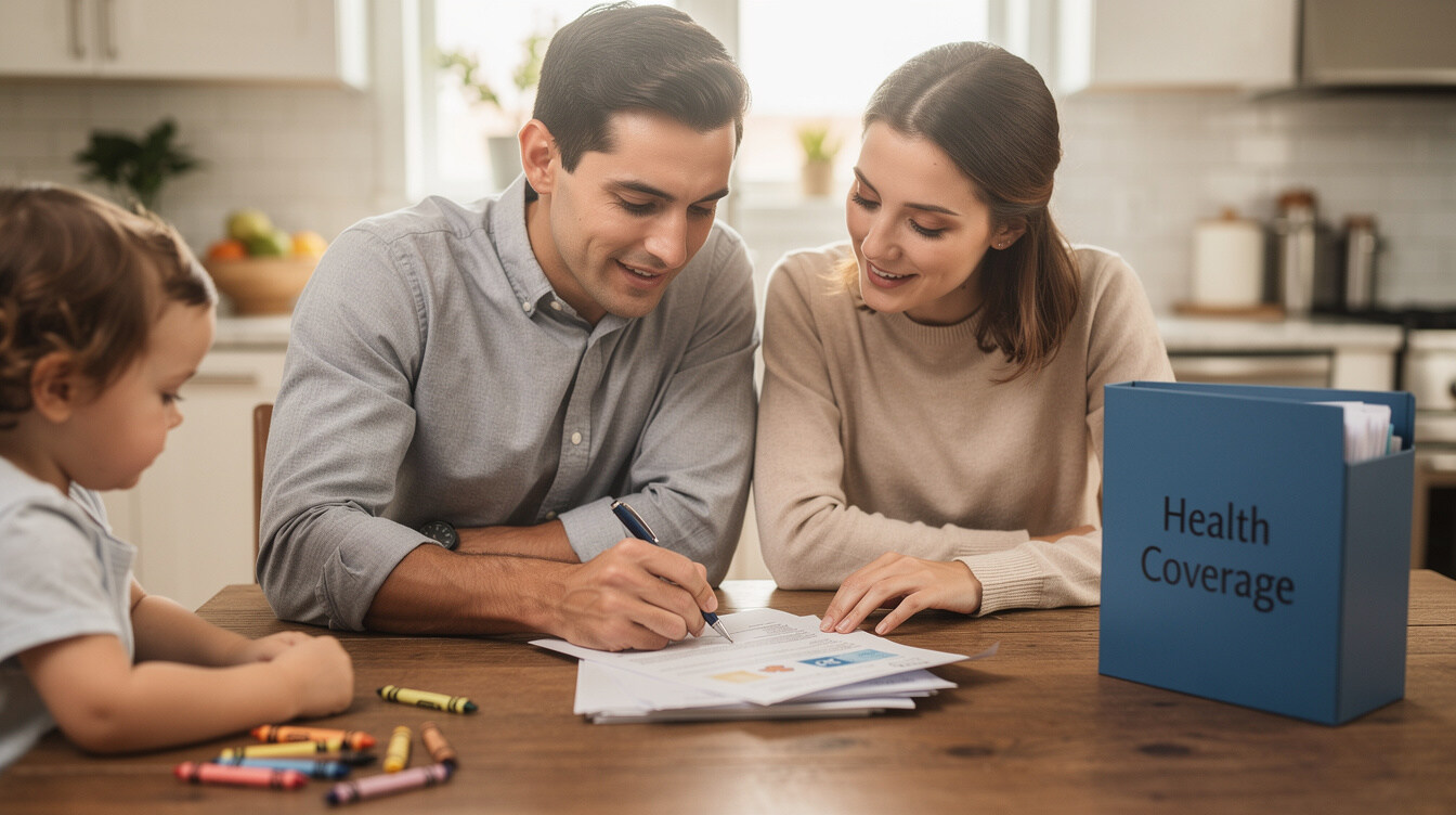 family reviewing insurance documents at kitchen table