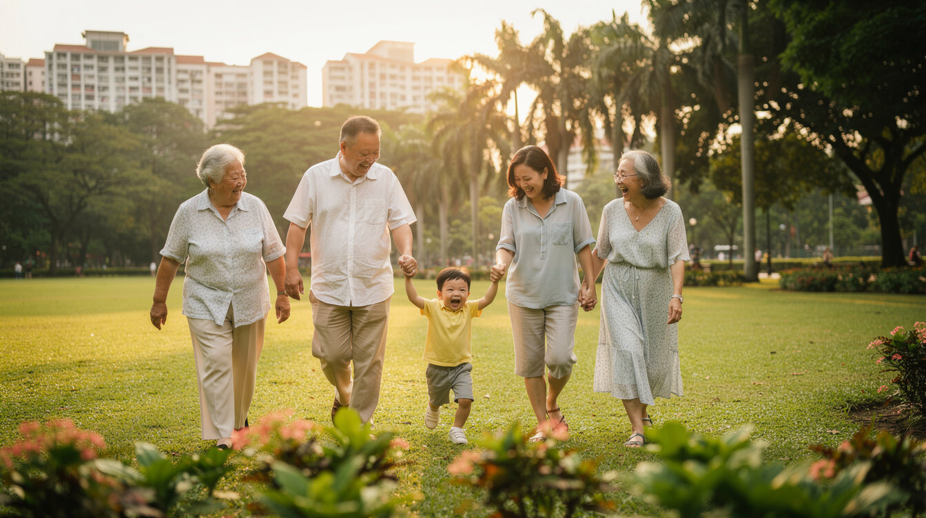 Multi-generational Singaporean family walking together in a park