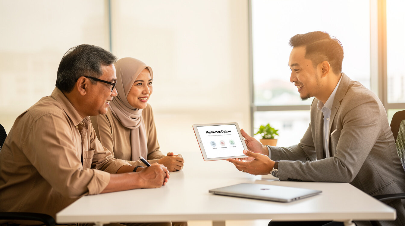Insurance advisor showing a tablet to a smiling couple in a bright office