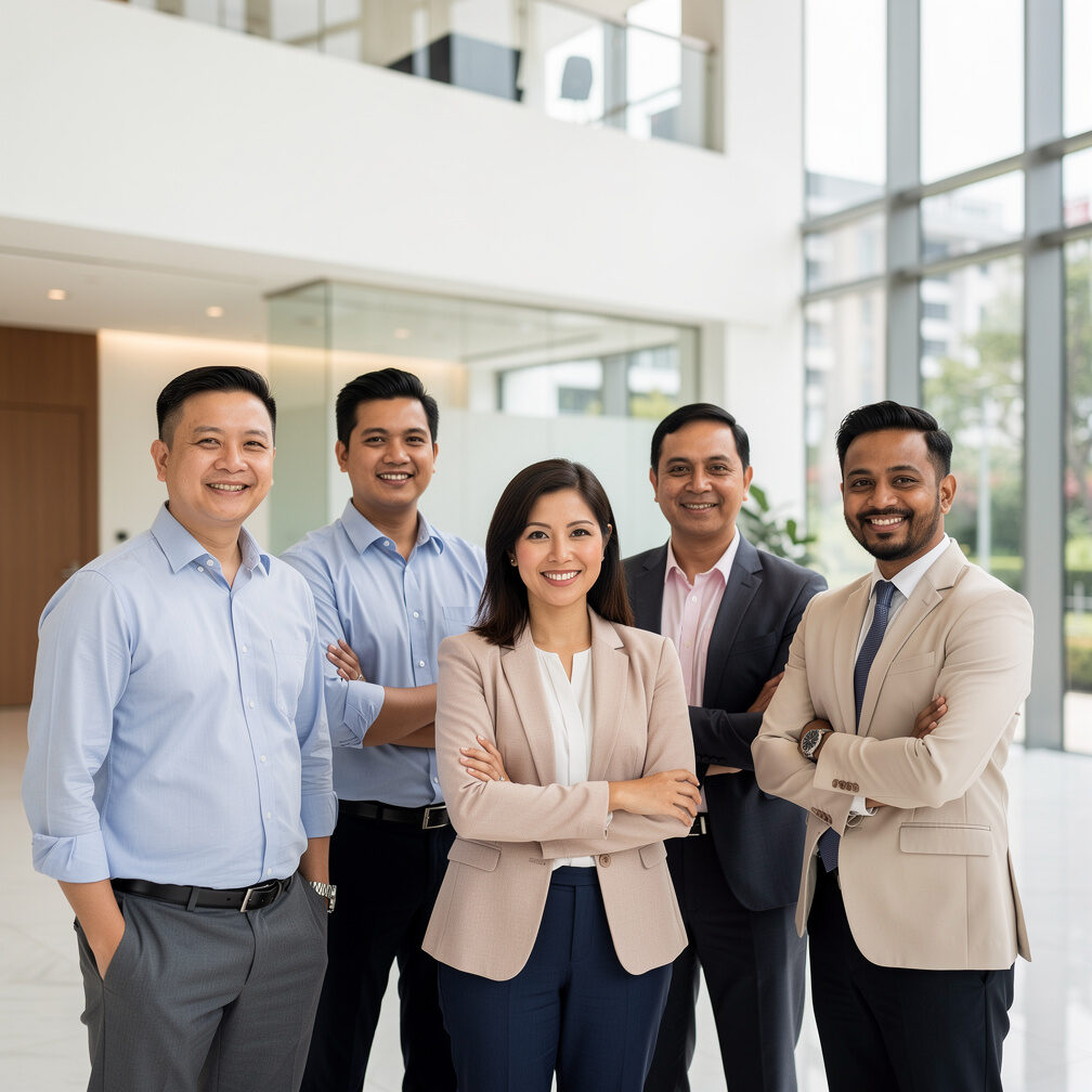 Diverse team of health insurance advisors standing together in a modern office