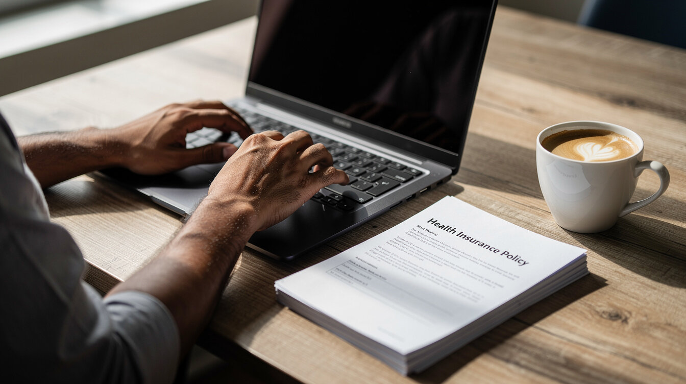 Hands typing on a laptop reviewing health insurance documents