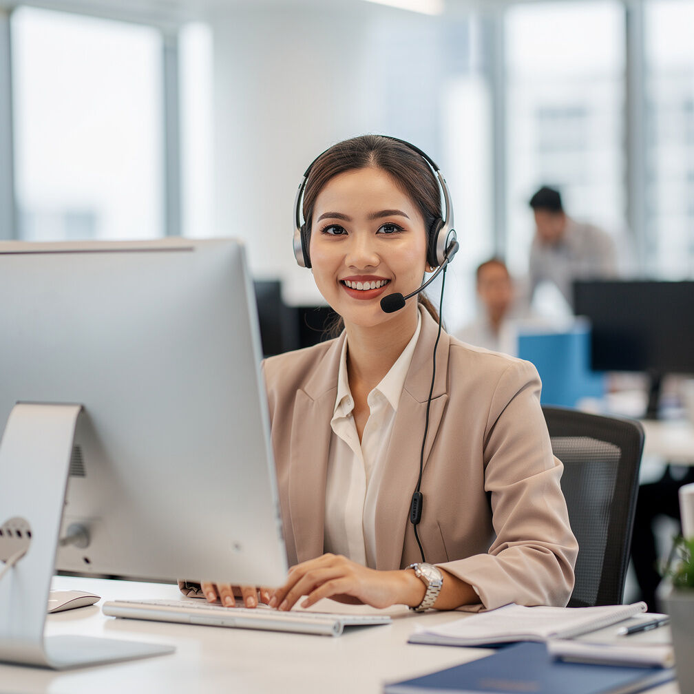 Friendly customer service representative wearing a headset at a desk